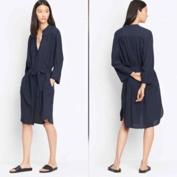 Vince Long sleeve silk shirt dress w/belt in Navy - Size M - Picture 9 of 10